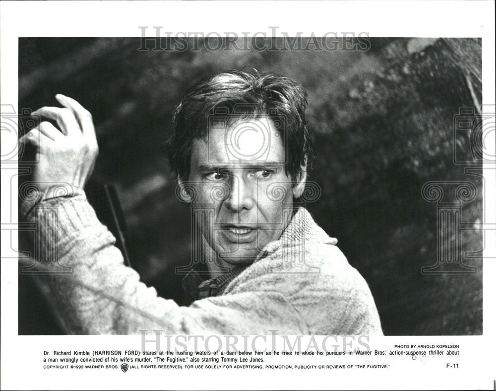 1993 Press Photo Harrison Ford He Tries To Elude His Pursuers In &quot;The Fugitive&quot; - Historic Images