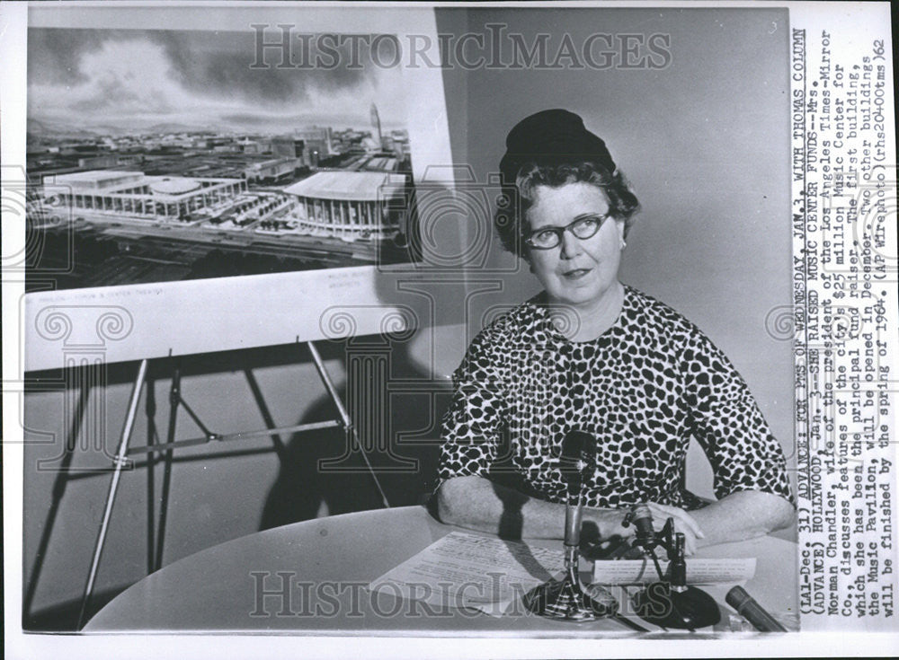 1962 Press Photo Mrs. Norman Chandler, Wife, Los Angeles Times-Mirror President - Historic Images