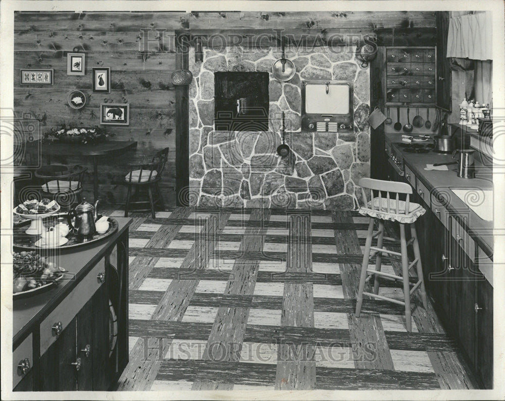 1954 Press Photo Grandmother kitchen pine field stone walls Shiny Brass Hardware - Historic Images