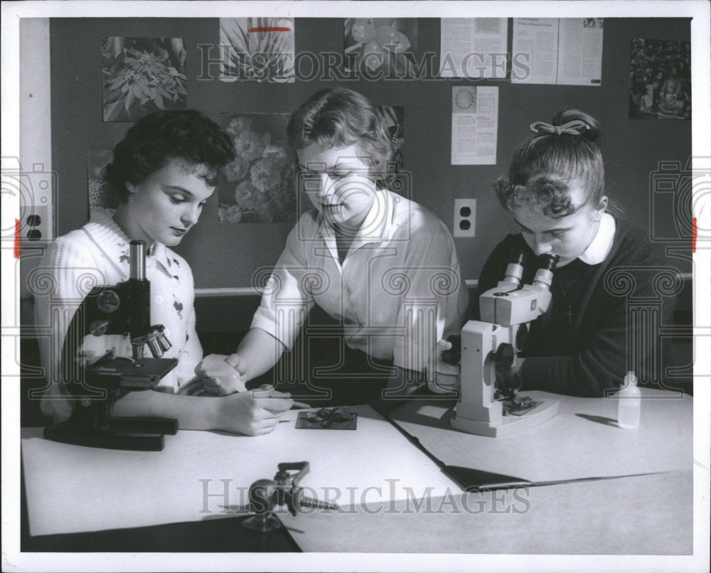 1958 Press Photo Rosemary Young, Alicia Dysarz &amp; Kathleen Wiles &amp; Frozen Flowers - Historic Images