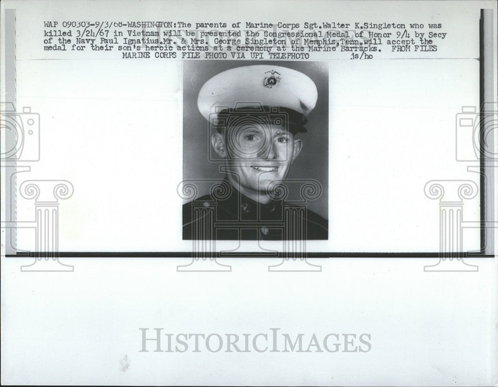 1967 Press Photo Marine Sergeant Walter Singleton Congressional Medal Honor - Historic Images