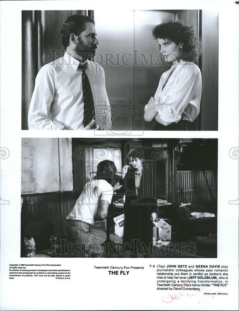 1986 Press Photo Geena Davis John Getz Jeff Goldblum Movie Actor Actress Fly - Historic Images