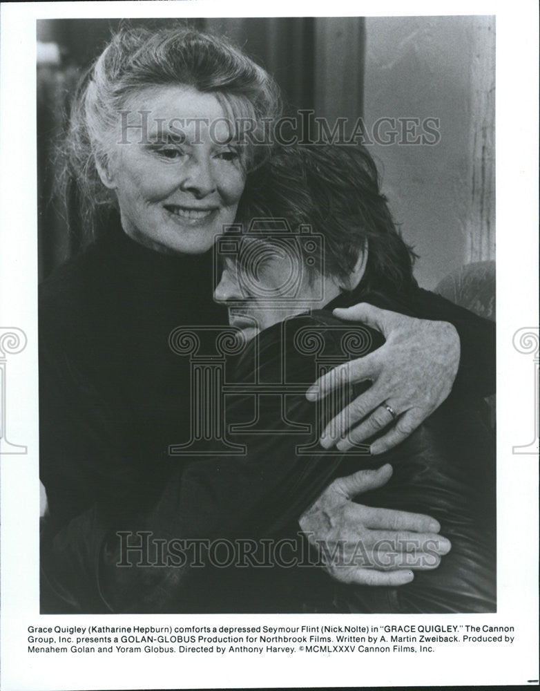 1986 Press Photo Katharine Hepburn Nick Nolte Movie Actor Actress Grace Quigley - Historic Images