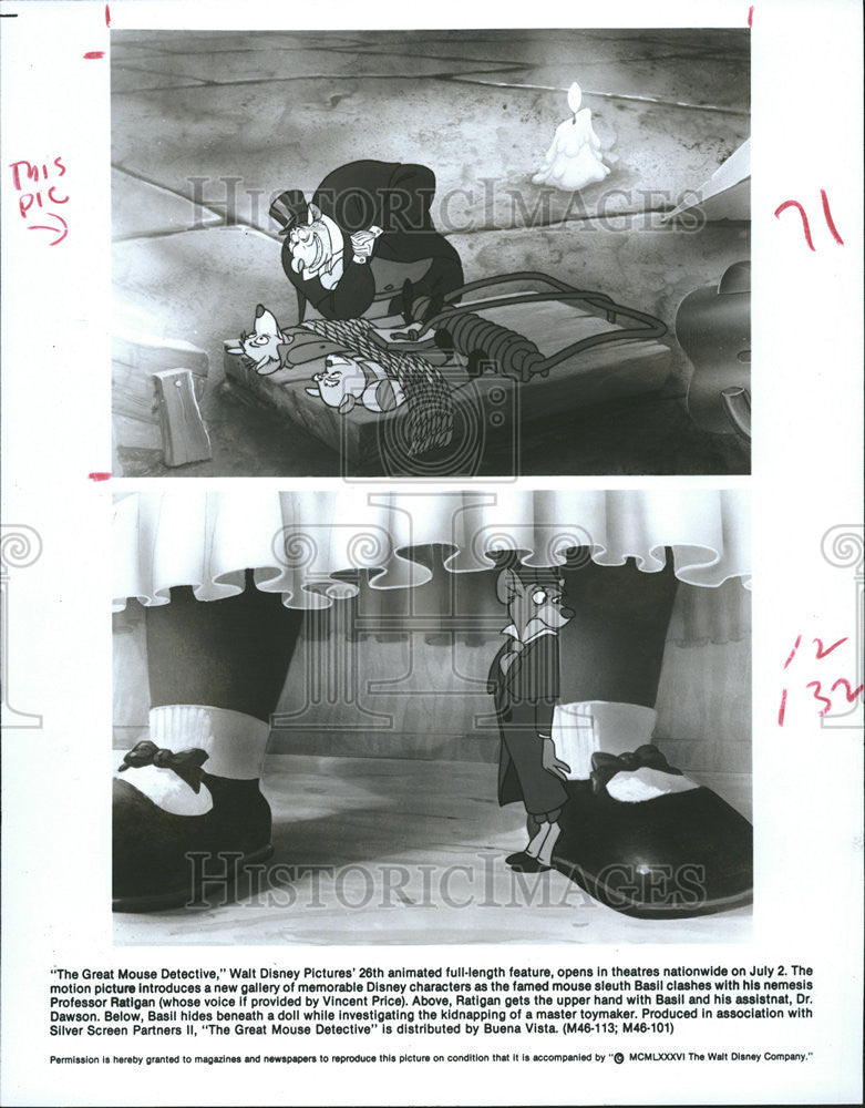 1984 Press Photo Great Mouse Detective Professor Ratigan Dr Dawson Silver Screen - Historic Images