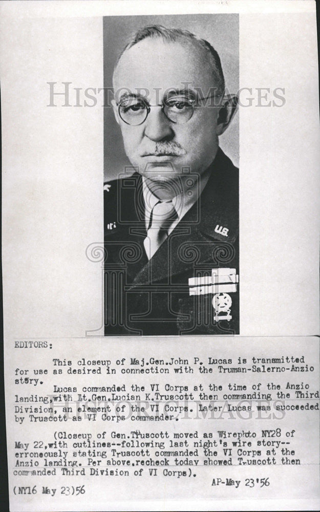 1956 Press Photo Major General John Lucas Truman Salerno Anzio Story VI Corps - Historic Images