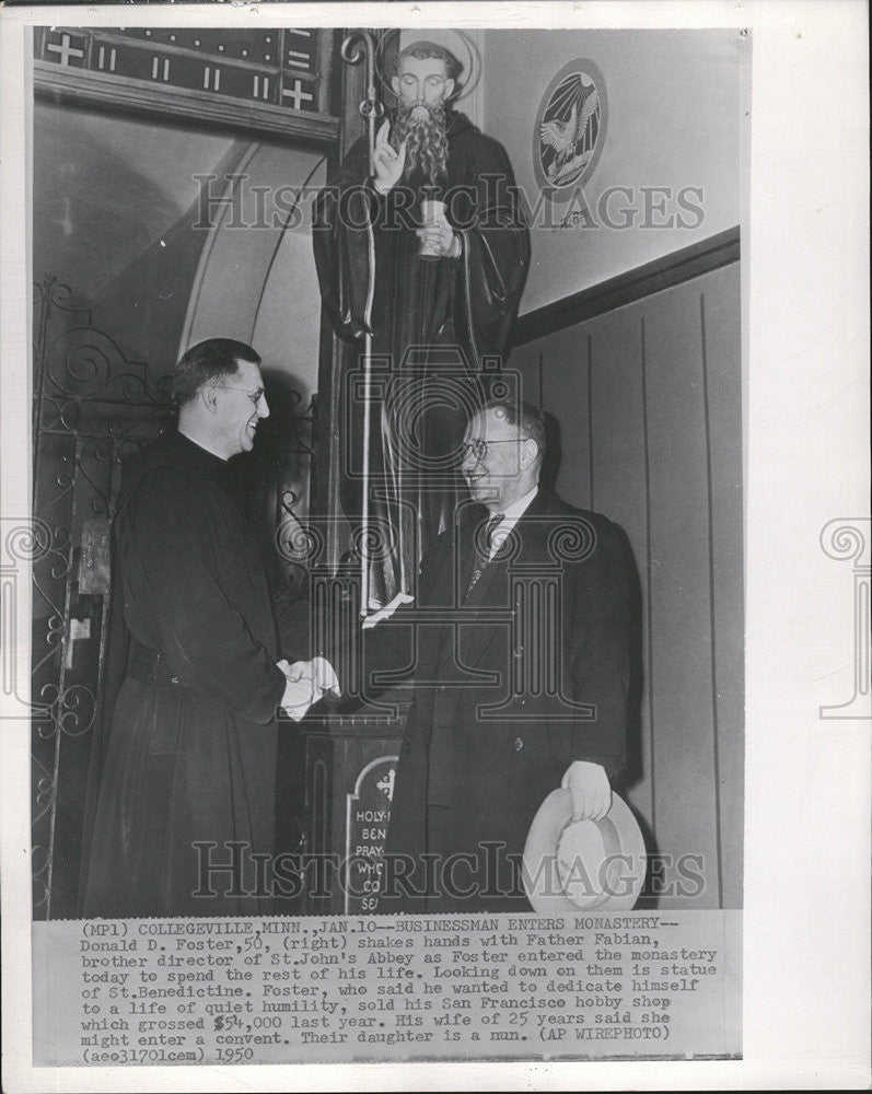 1950 Press Photo Businessman Donald D. Foster, Father Fabian,  St. Johns Abbey - Historic Images