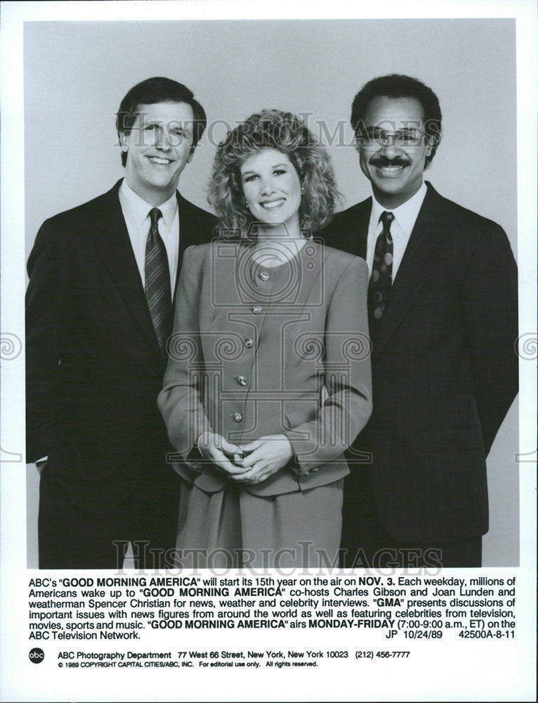 1989 Press Photo Charles Gibson Joan Lunden Spencer Christian - Historic Images