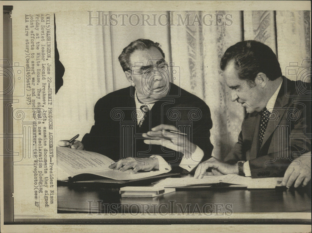 1973 Press Photo Nixon Leonid Brezhnev White House Nuclear Disaster - Historic Images