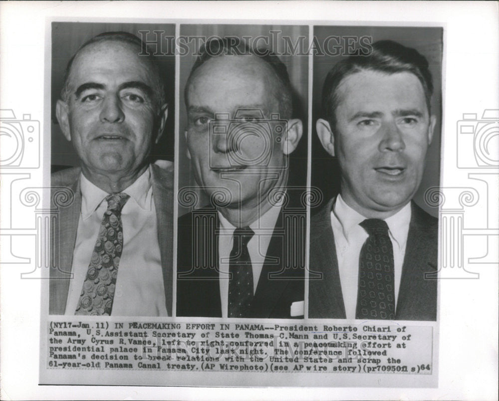 1964 Press Photo Panama President Roberto Chiari, Thomas C. Mann, Cyrus R. Vance - Historic Images