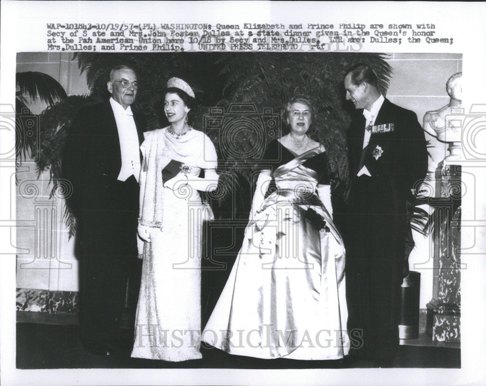 1957 Press Photo Queen Elizabeth Prince Philip John Foster Dules