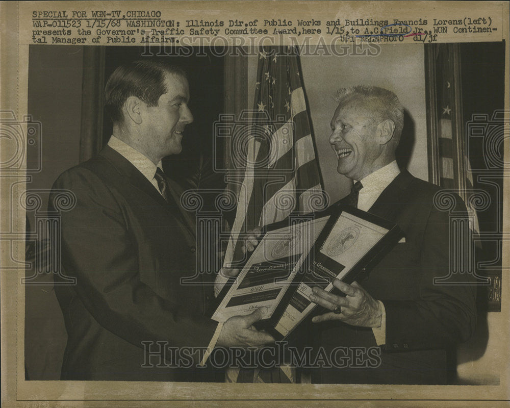 1968 Press Photo Illinois Director Francis Lorens  Committee Award A.C. Field Jr - Historic Images