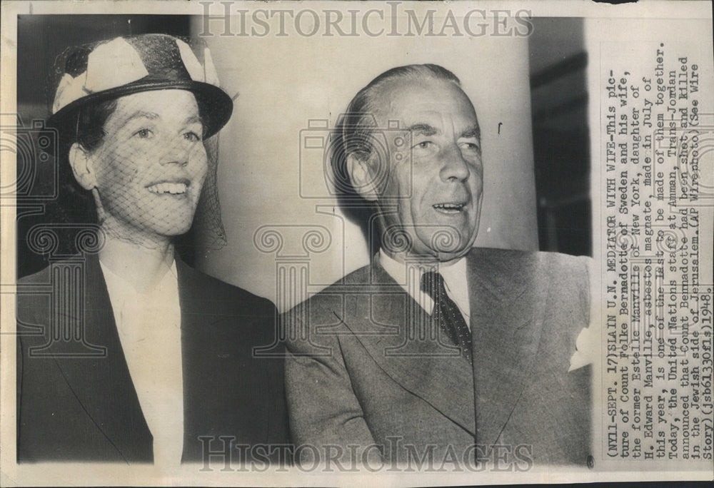 1948 Press Photo Count Folke Bernadotte Of Sweden His Wife The Former Manville - Historic Images