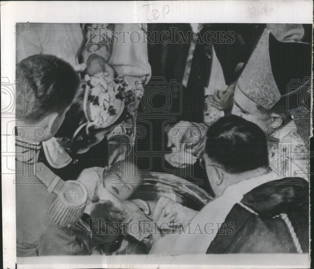 1957 Press Photo Princess Caroline of Monaco Bishop Gilles Barthe Christening - Historic Images
