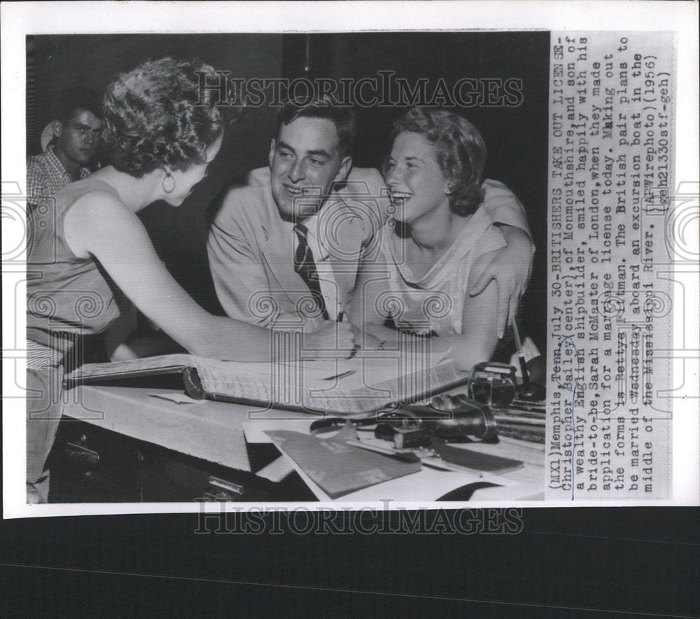 1956 Press Photo Christopher Bailey and Sarah McMaster Apply for License - Historic Images