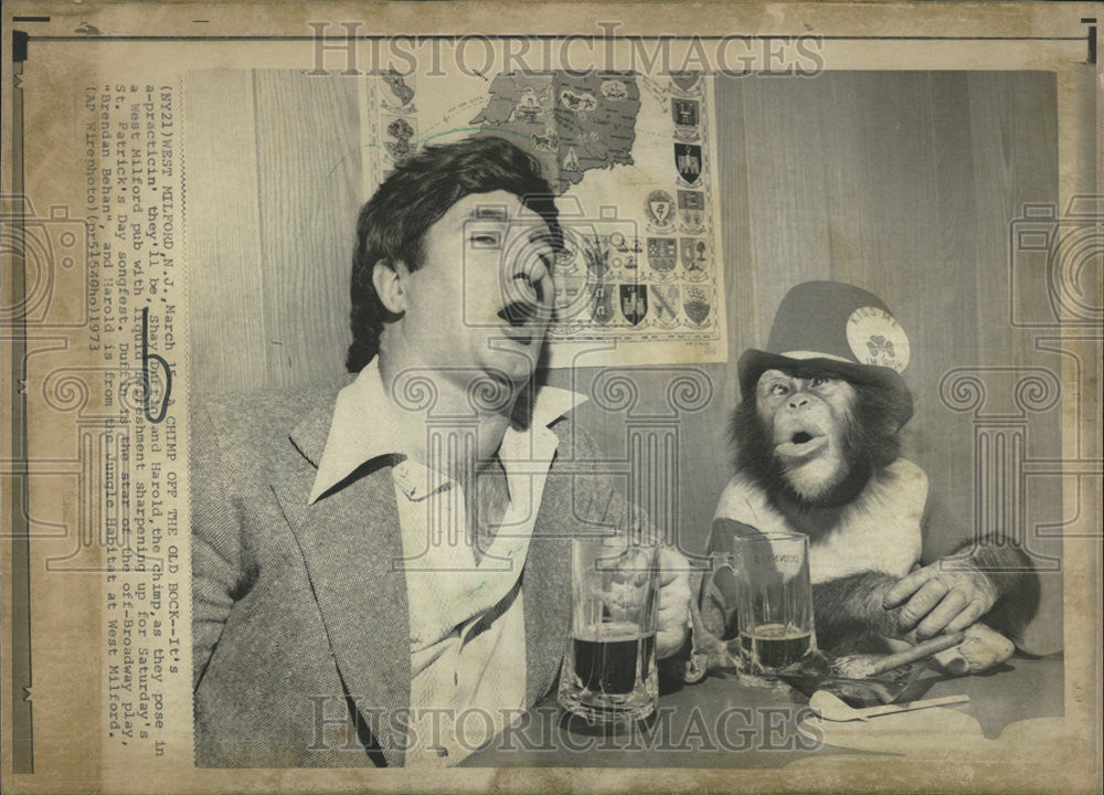 1973 Press Photo Shay Duffin And Harold The Chimp Enjoy St. Patrick&#39;s Day Beer - Historic Images