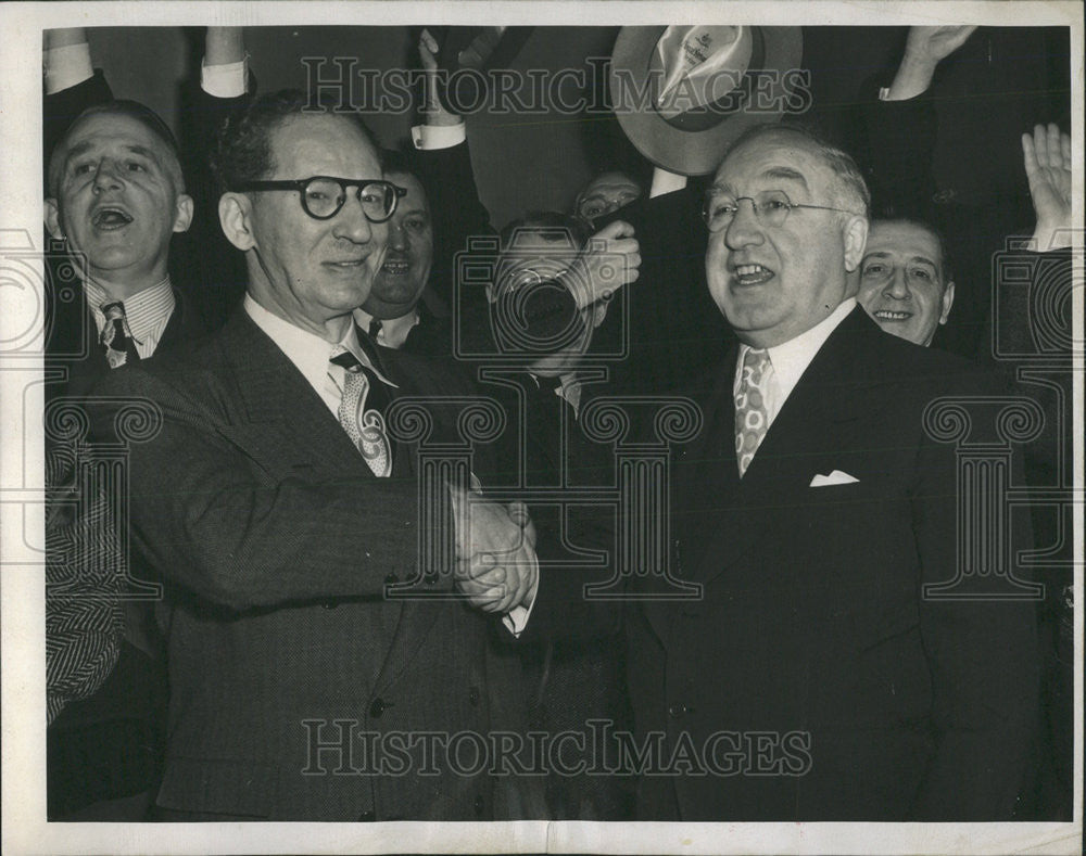 1948 Press Photo James C. Petrillo Congratulated by Daniel Carmerll on Opinion - Historic Images