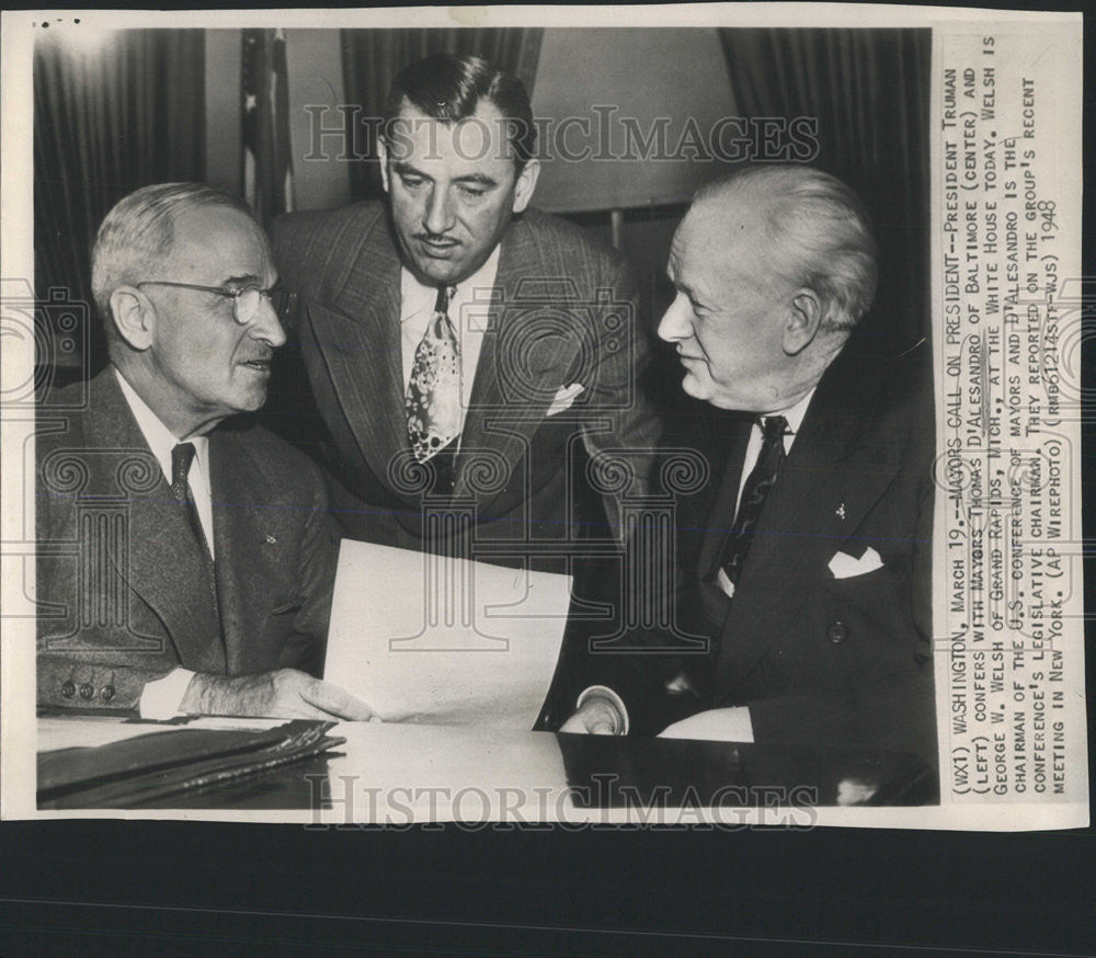 1948 Press Photo President Truman And Mayors Thomas D&#39;Alesandro &amp; George Welsh - Historic Images