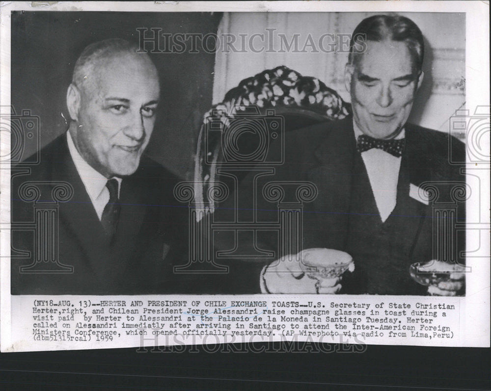 1959 Press Photo Christian Herter Chilean President Jorge Alessandri Santiago - Historic Images