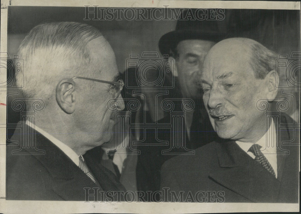 1950 Press Photo Truman Attlee President met chat National Airport arrive London - Historic Images