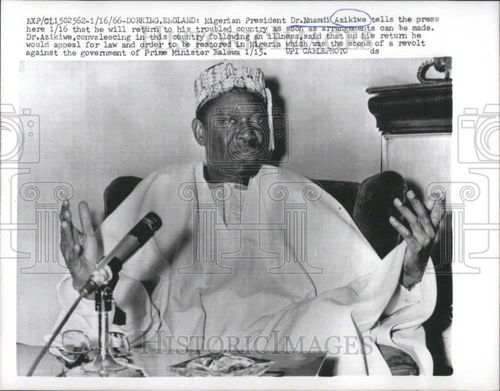 1966 Press Photo Nigerian President Nnamdi Azikiwe Balewa President law - Historic Images