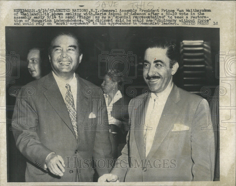 1957 Press Photo General Assembly President Prince Wan Waithayakon Thailand - Historic Images