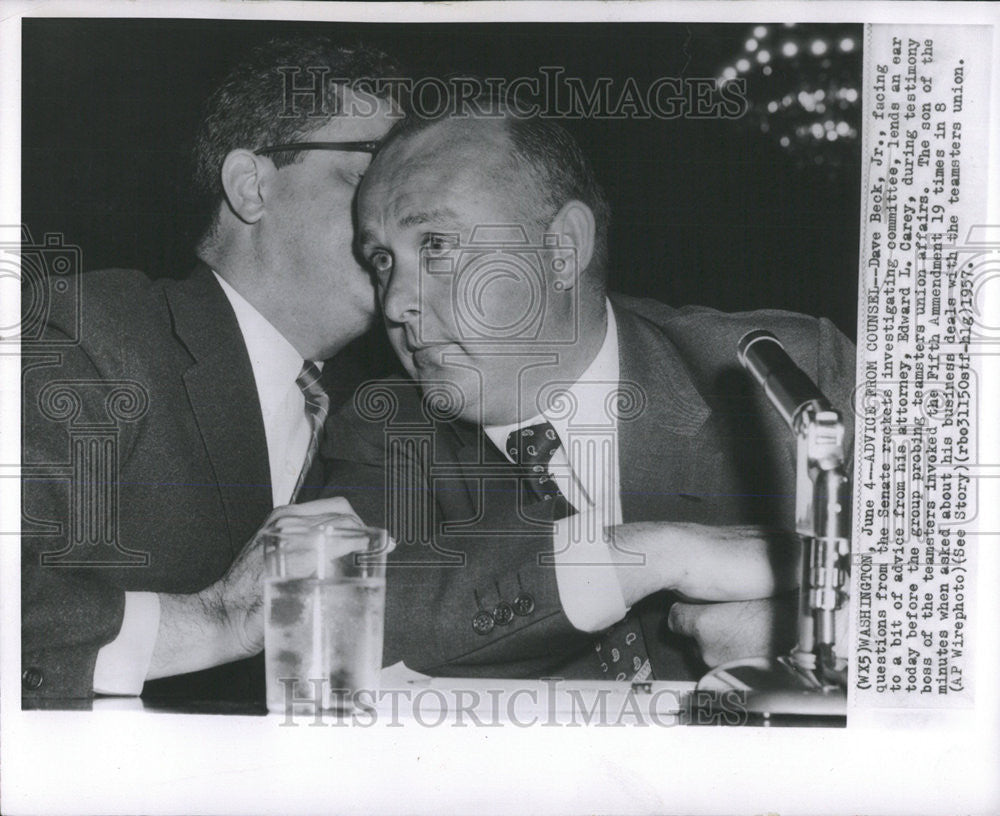 1957 Press Photo Dave Beck Jr atty Edward Carey rackets investigate committee - Historic Images