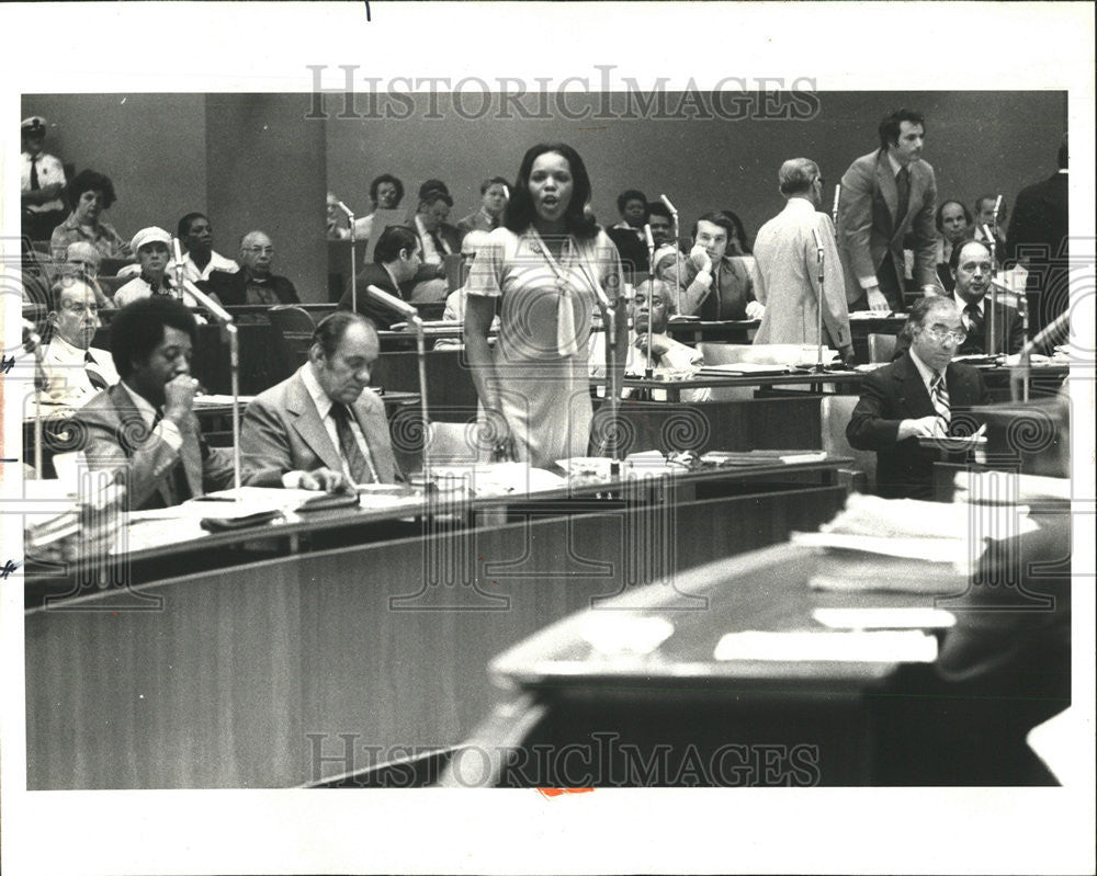 1977 Press Photo  Marian Humes Stand Address City Council Debate School Bus - Historic Images