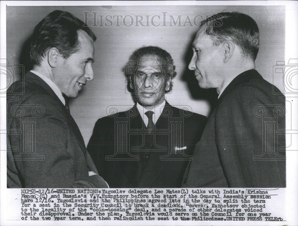 1955 Press Photo Leo Mates Krishna Menon Russia Kuznetsov General Assembly - Historic Images