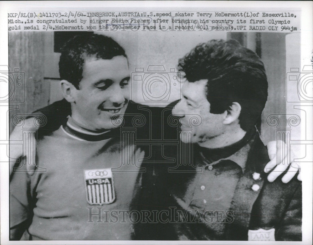 1964 Press Photo Olymipic Speed Skater Terry McDermott And Singer Eddie Fisher - Historic Images