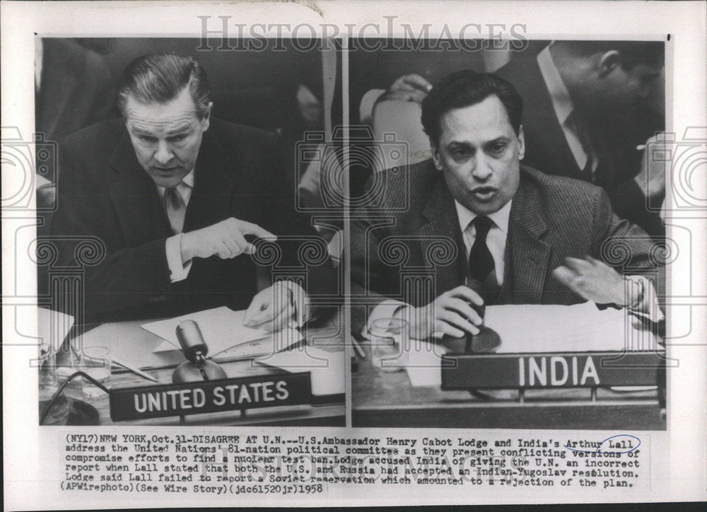 1958 Press Photo Henry Cabot Lodge and Arthur Lall Address United Nations&#39; - Historic Images