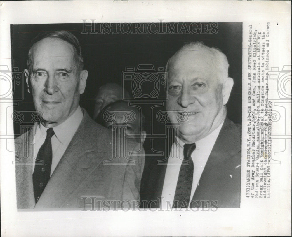 1957 Press Photo Army General Douglas MacArthur &amp; General John Reed Kilpatrick - Historic Images