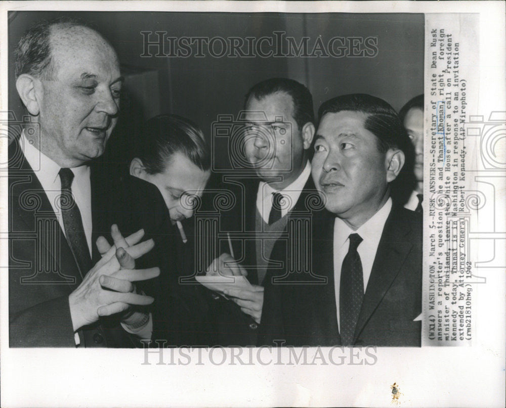 1962 Press Photo Sec. of State Dean Rusk and Thomas Khoman Foreign Minister Thai - Historic Images