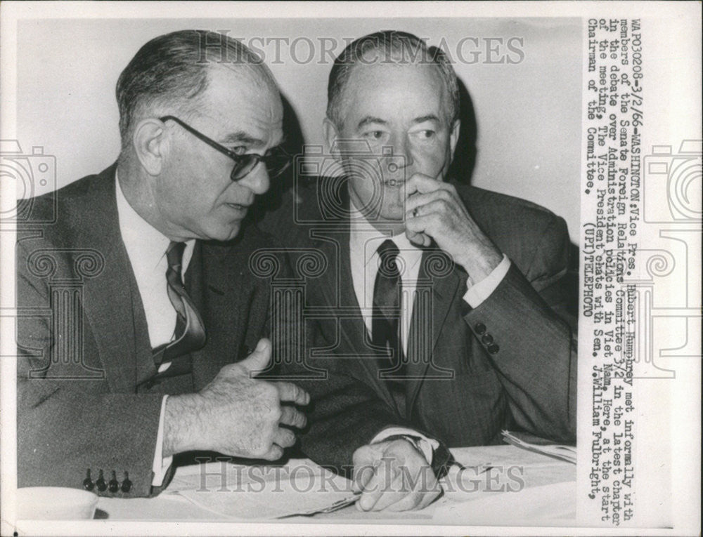 1966 Press Photo Vice Pres H Humphrey &amp; Sen W Fulbright Meet Vietnam Policies - Historic Images