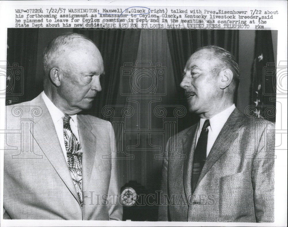 1957 Press Photo Maxwell Gluck Ambassador Ceylon President Eisenhower Washington - Historic Images