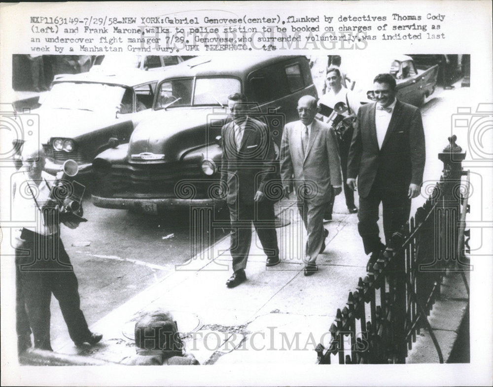 1958 Press Photo Gabriel Genovese Thomas Cody Frank Marone Police Station - Historic Images