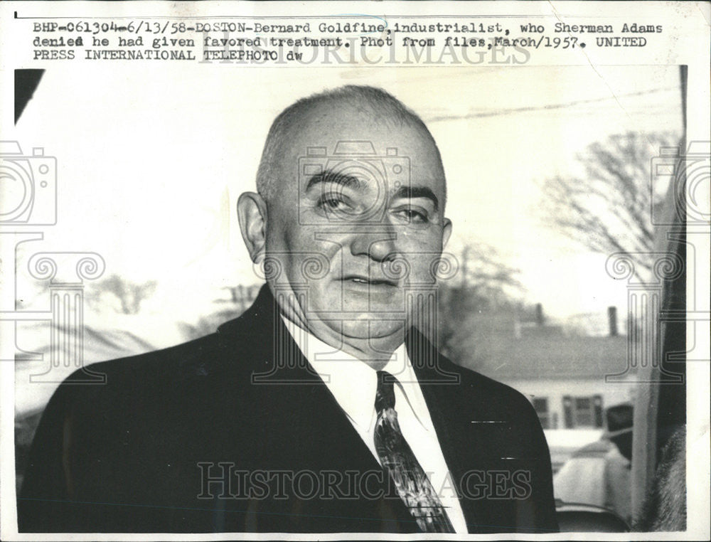 1958 Press Photo Bernard Goldfine Sherman Adams industrialist favored treatment - Historic Images