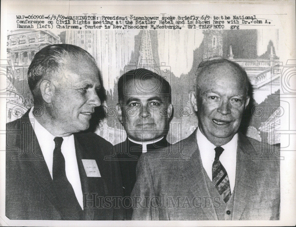 1959 Press Photo President Eisenhower Civil Rights Statler Hotel Dr. John Hannah - Historic Images