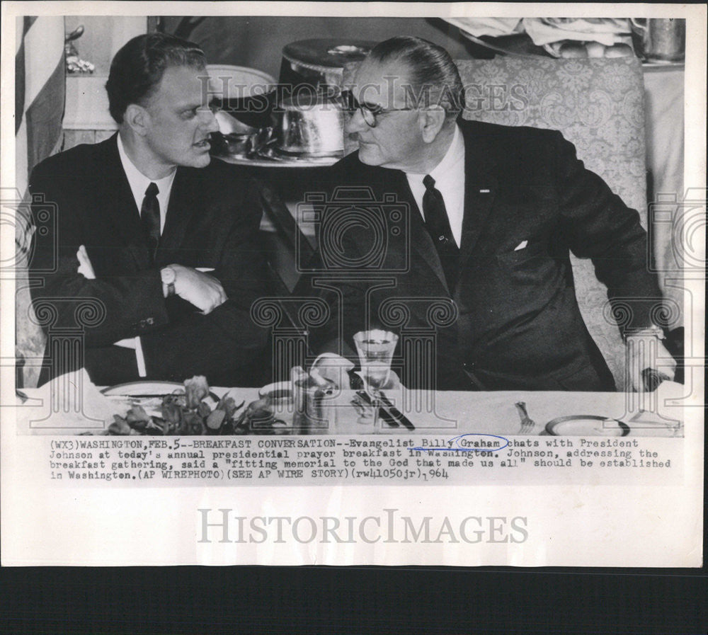 1964 Press Photo Evangelist Billy Graham President Johnson annual prayer Chat - Historic Images