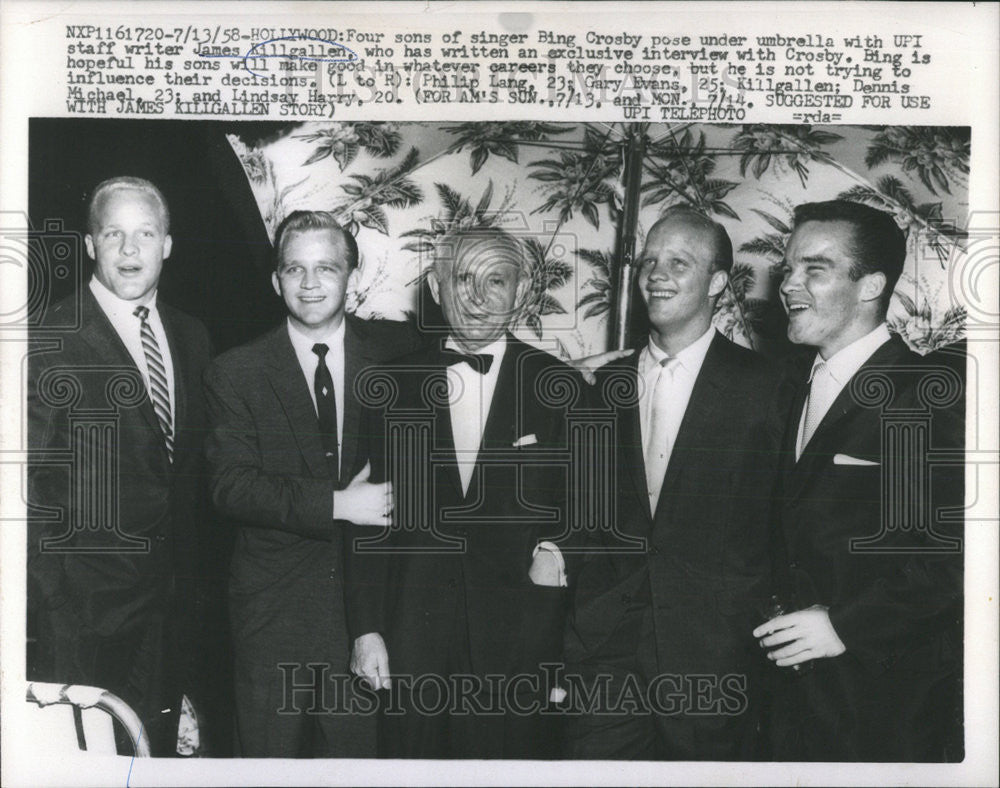 1958 Press Photo Sons Singer Bing Crosby Philip Gary Dennis Lindsay Killgallen - Historic Images