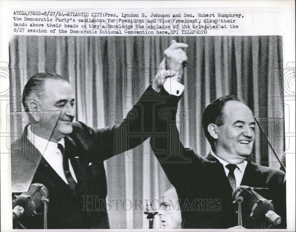 1964 Press Photo President Lyndon Johnson Hubert Humphrey Democratic Party Meet - Historic Images