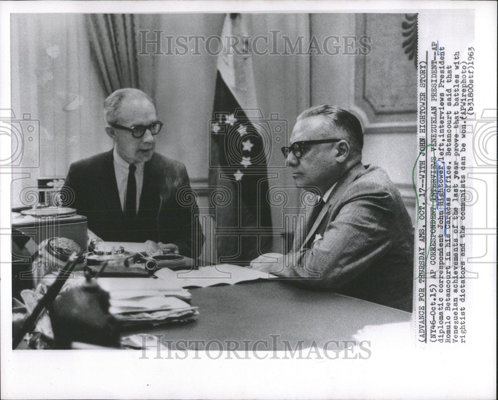 1963 Press Photo Romulo Betancourt Correspondent John Tower Interview President - Historic Images