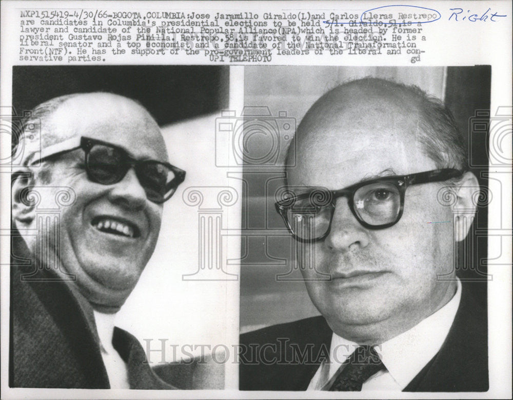 1966 Press Photo Jose Jaramillo Giraldo Carlo Lleras Restrepo president election - Historic Images