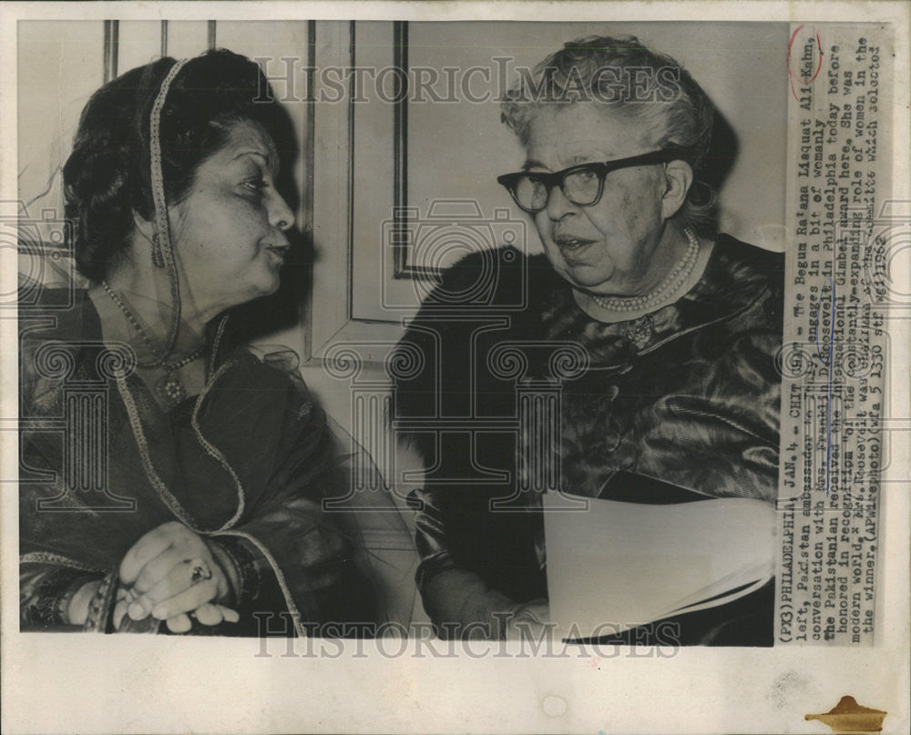 1962 Press Photo Begum Balana Liaquat Ali Kahn Mrs Franklin Roosevelt Ambassador - Historic Images