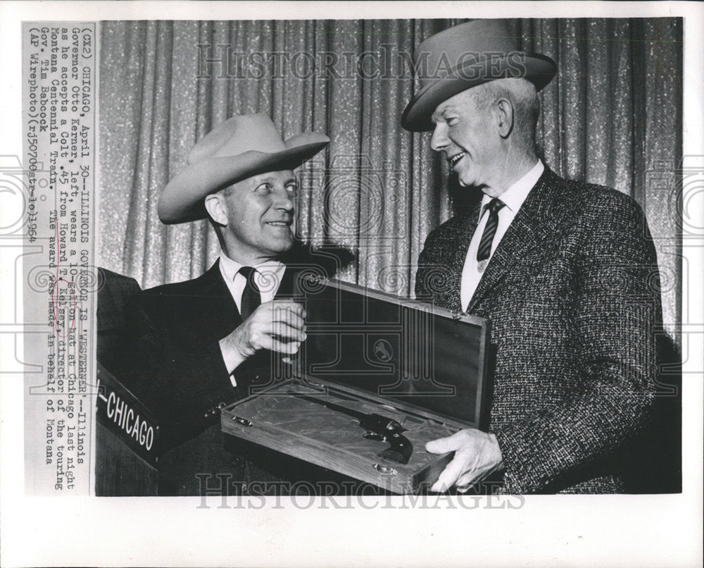 1964 Press Photo Howard Kelsey gifts Gov. Otto Kerner with a Colt .45 pistol. - Historic Images