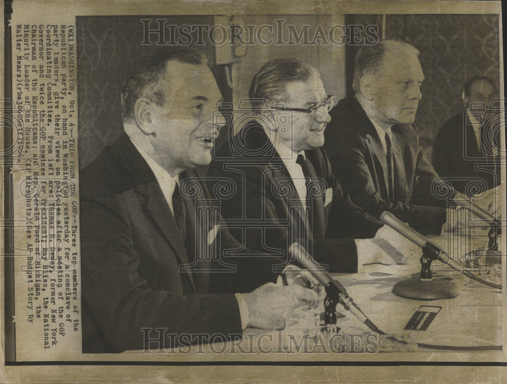 1966 Press Photo Republican Party members Thomas Dewey Ray Bliss Gerald Ford - Historic Images