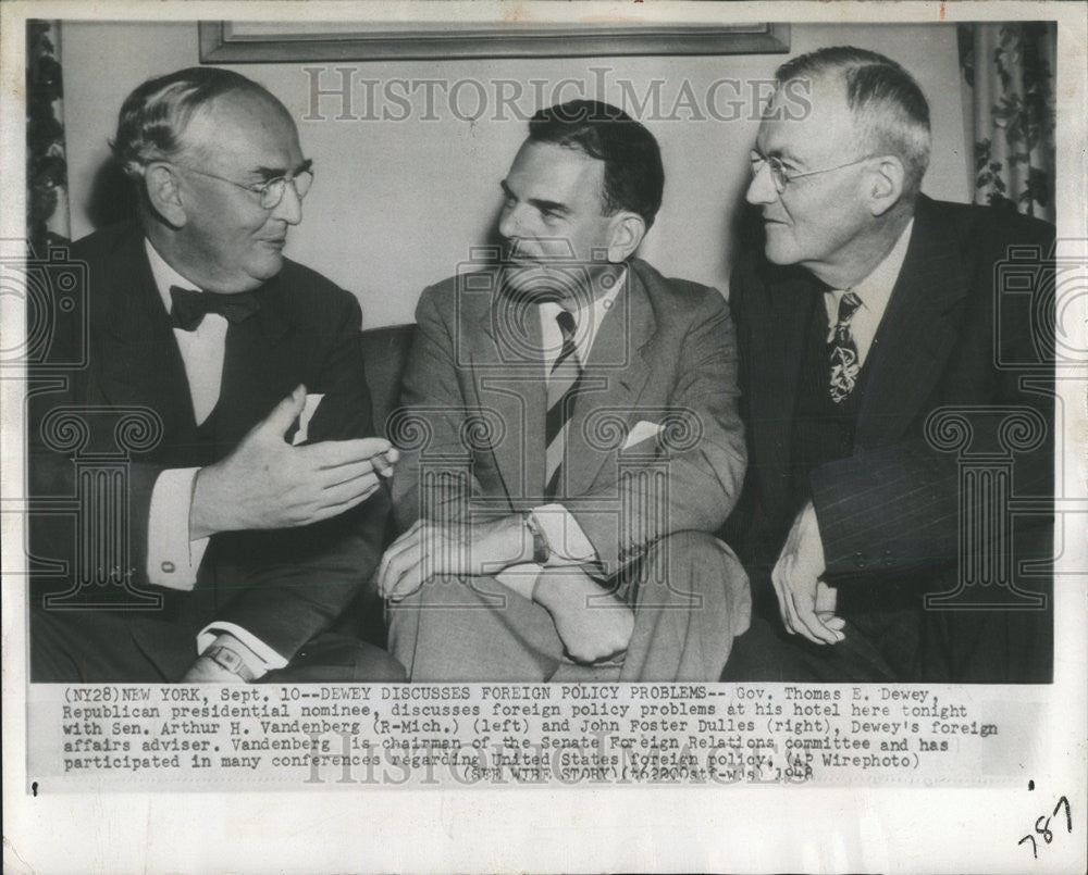 1948 Press Photo Gov Thomas Dewey John Foster Dulles Arthur Vendenberg Foreign - Historic Images