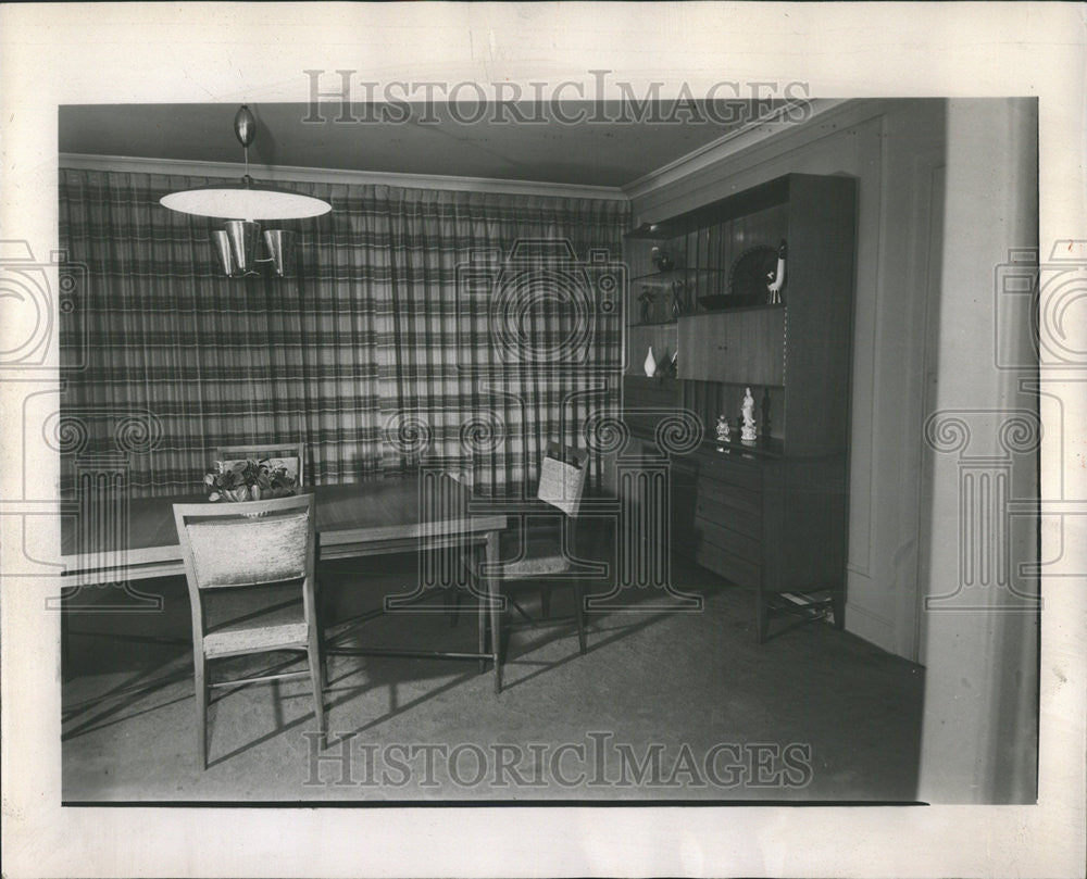 1954 Press Photo Gray, charcoal and gold theme color dining room. - Historic Images