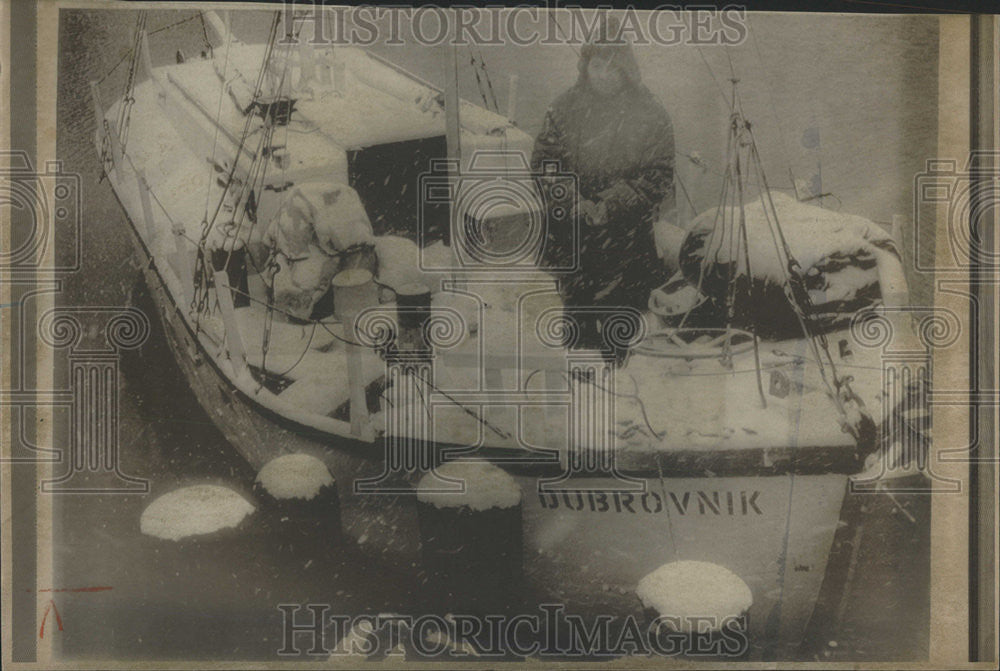 1957 Press Photo Stanley Kolumbic Schooner Sail Boat Dubrovnik World Trip - Historic Images