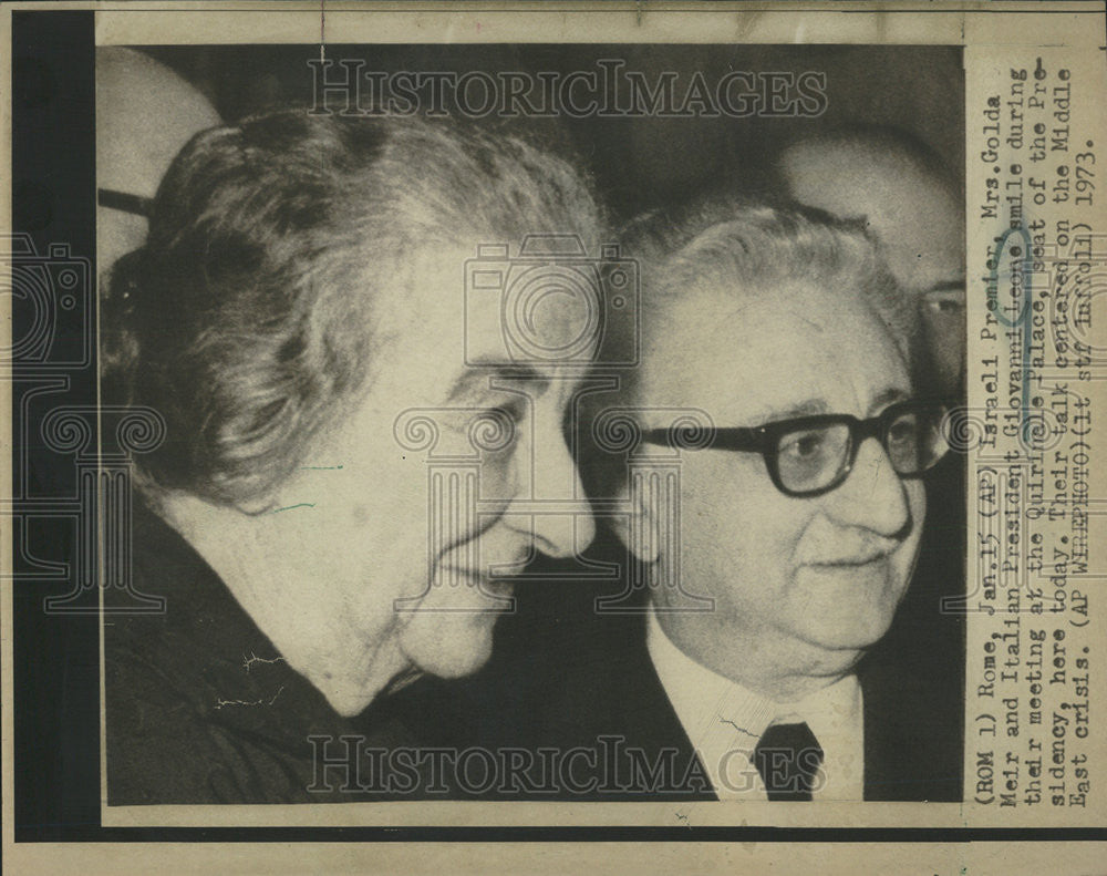 1973 Press Photo Israeli Premier Mrs. Golda Meir and Italian Pres Giovanni Leone - Historic Images