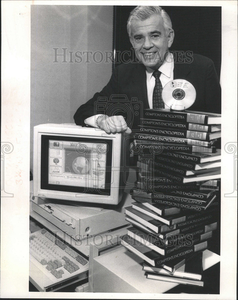 1989 Press Photo Stanley D. Frank, President of Encyclopaedia Britannica&#39;s - Historic Images